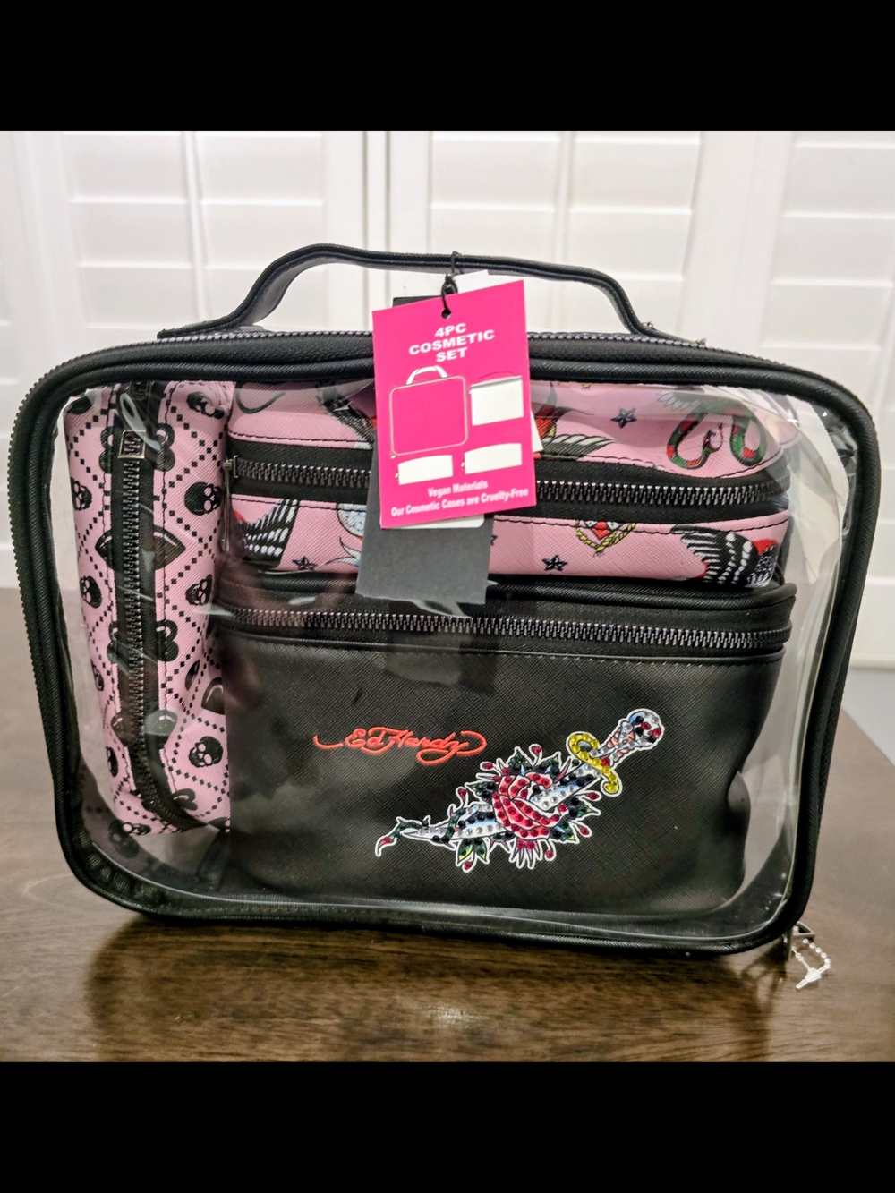 Ed Hardy 4pc Cosmetic Travel Set - Black & Pink